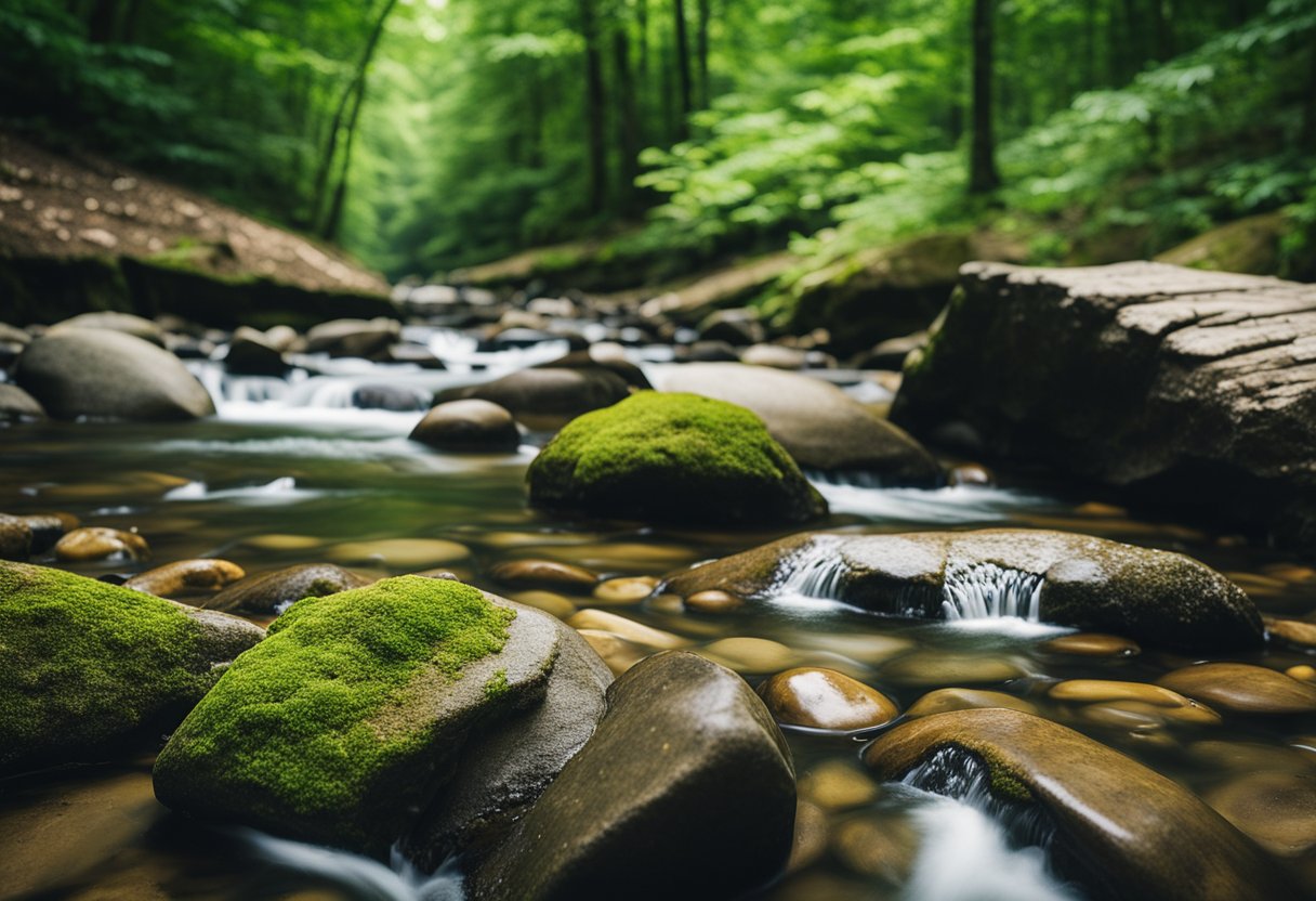 Pine Creek Gorge, Wellsboro. Sandy beaches with scattered shells, surrounded by lush greenery and flowing creek. 2024