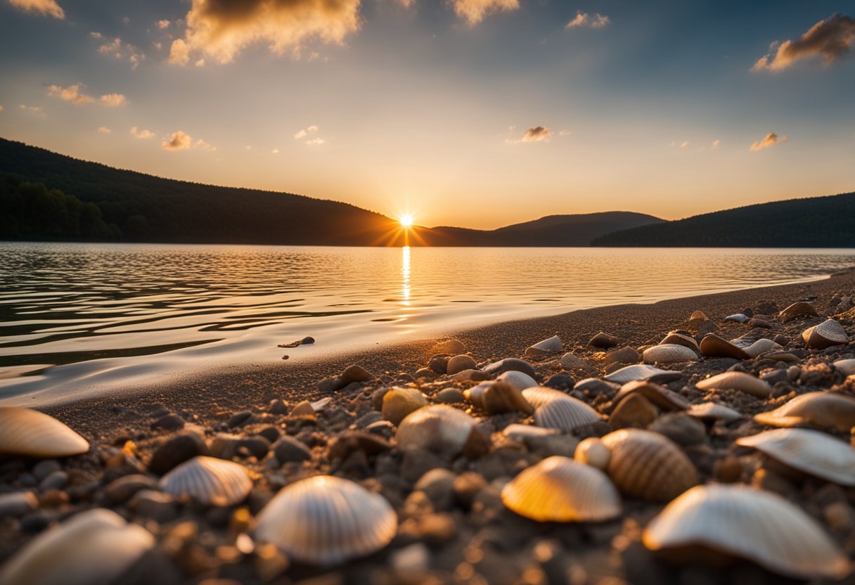 The sun sets over Raystown Lake, casting a warm glow on the sandy shores of Huntingdon Top Beaches. Shells glisten in the fading light, scattered along the water's edge