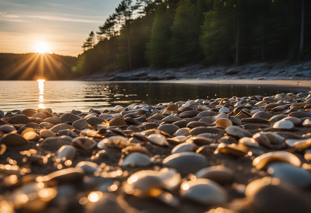 The sun sets over the sandy shore of Black Moshannon State Park, with scattered shells glistening in the fading light. Waves gently lap at the water's edge, creating a peaceful and serene atmosphere