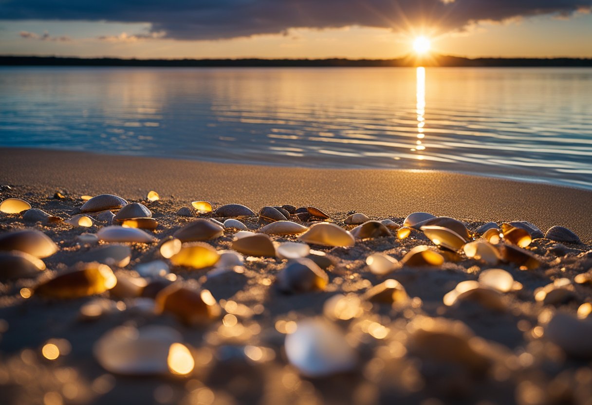 The sun sets over Lake Arthur, casting a warm glow on the sandy Butler Top Beaches, where colorful shells dot the shoreline