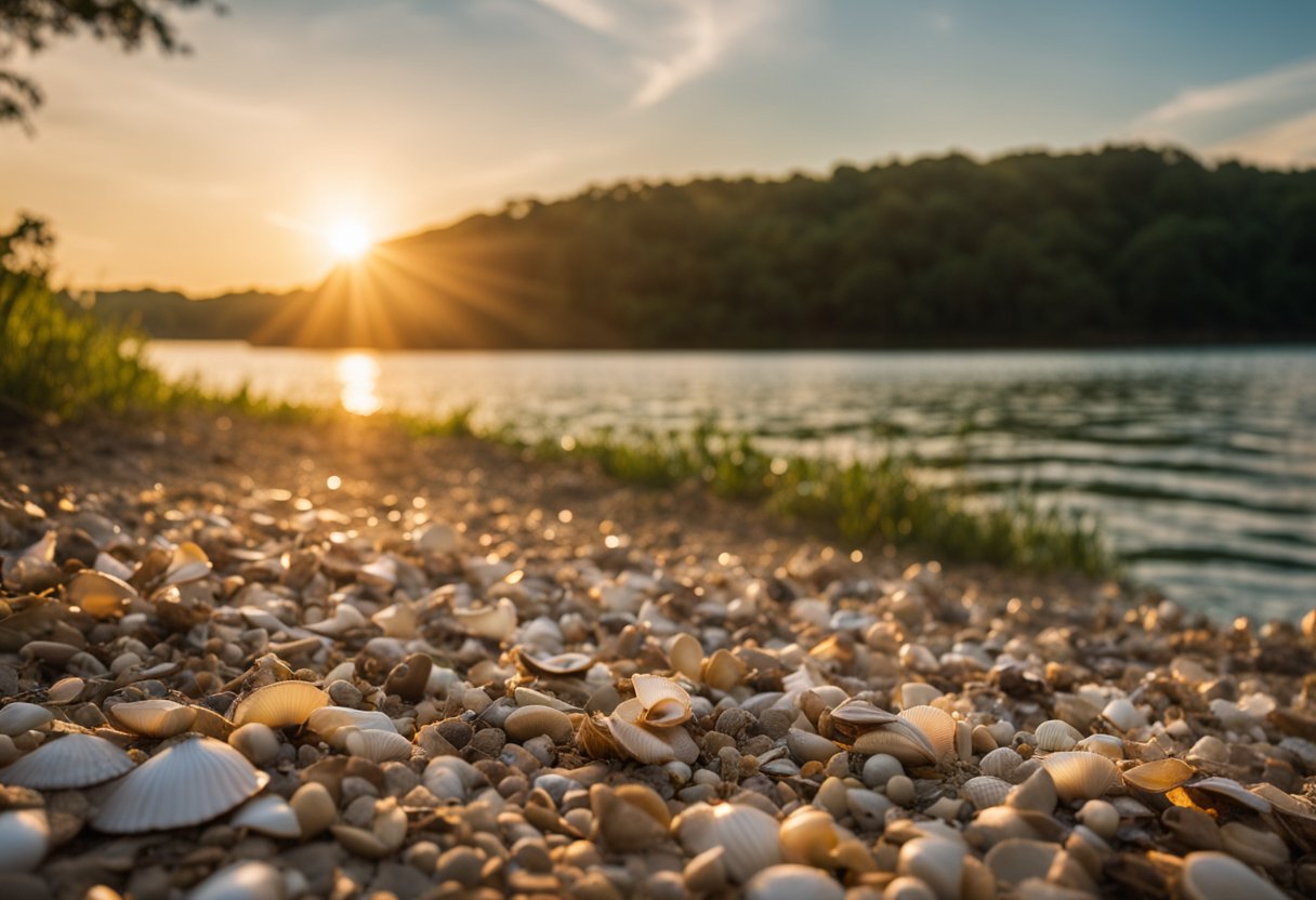 Sunset at Marsh Creek State Park's sandy shore, shells scattered along the water's edge, with lush greenery in the background