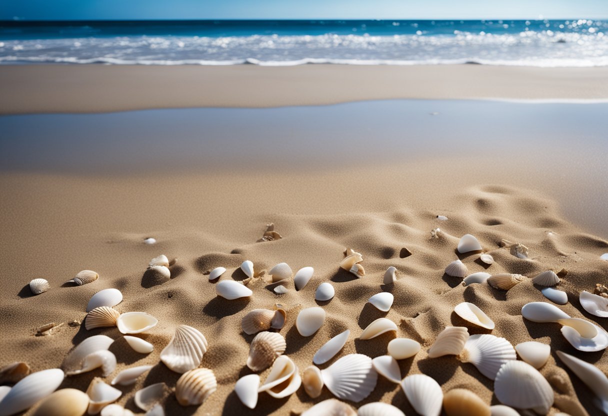 A sandy beach with scattered shells, waves gently lapping the shore, and a clear blue sky overhead