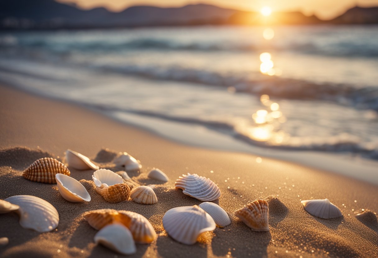 The sun sets over a serene beach, with waves gently lapping the shore. Seashells of various shapes and sizes are scattered across the sand, waiting to be collected