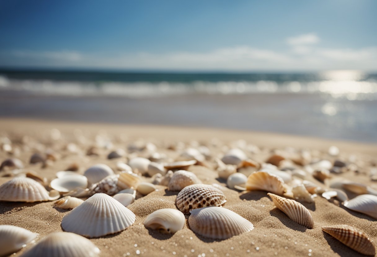 An assortment of shells scattered along the sandy shore, with waves gently lapping at the coastline under a clear blue sky