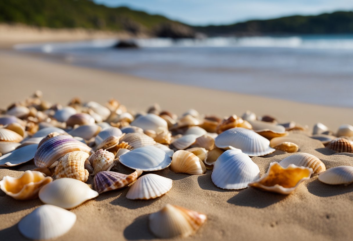 Colorful shells scattered on sandy beach, with gentle waves lapping at the shore. A sign reads "Shelling Etiquette and Conservation Tips Top Beaches for Shelling in Pennsylvania 2024."