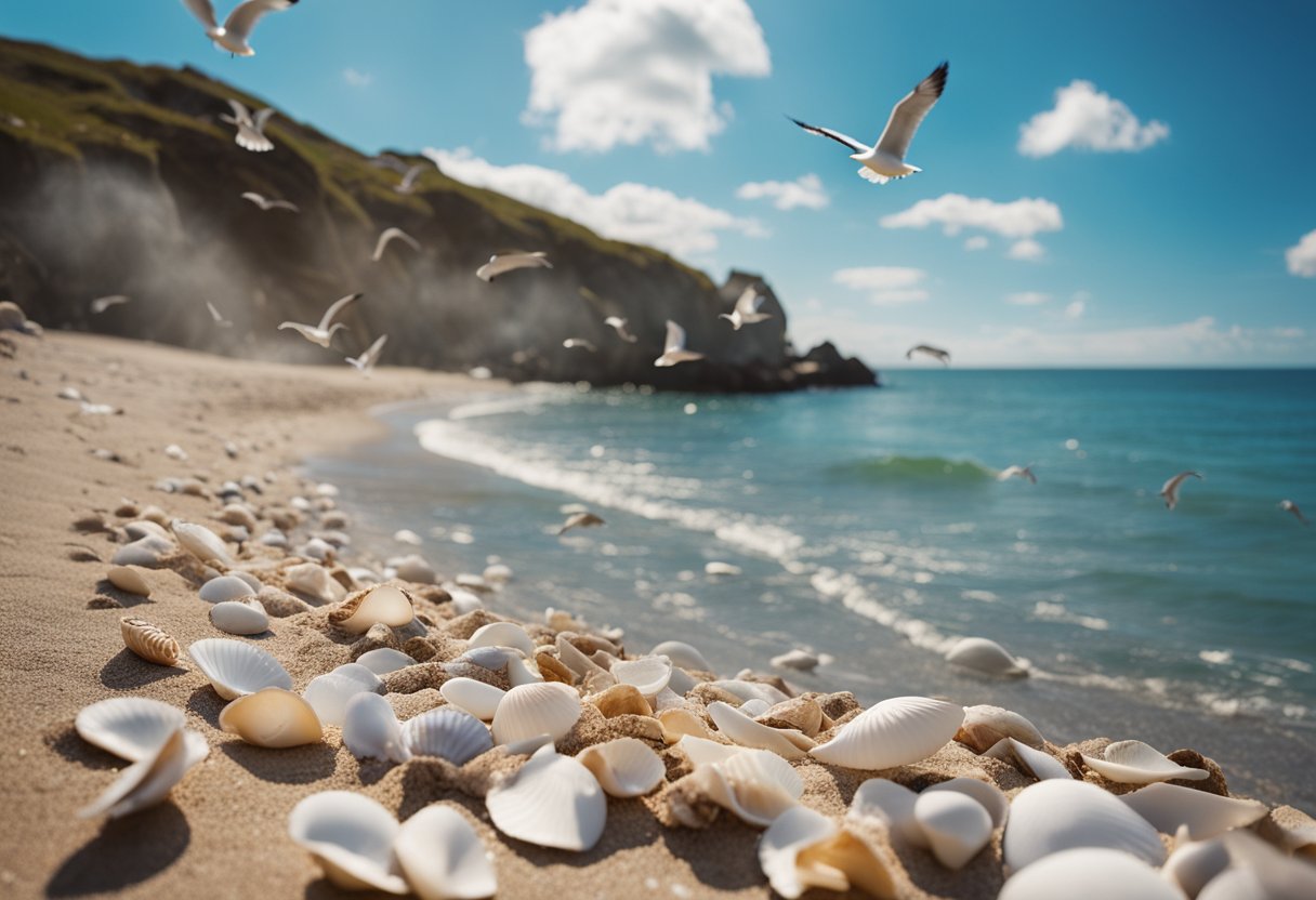 Sandy shore with scattered shells, waves gently lapping. Rocky cliffs in the distance, seagulls flying overhead. Blue sky with fluffy white clouds