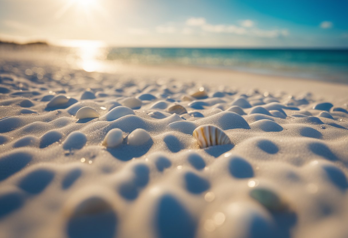 White sand stretches along the shore, scattered with colorful shells. Crystal-clear water meets the horizon under a bright blue sky