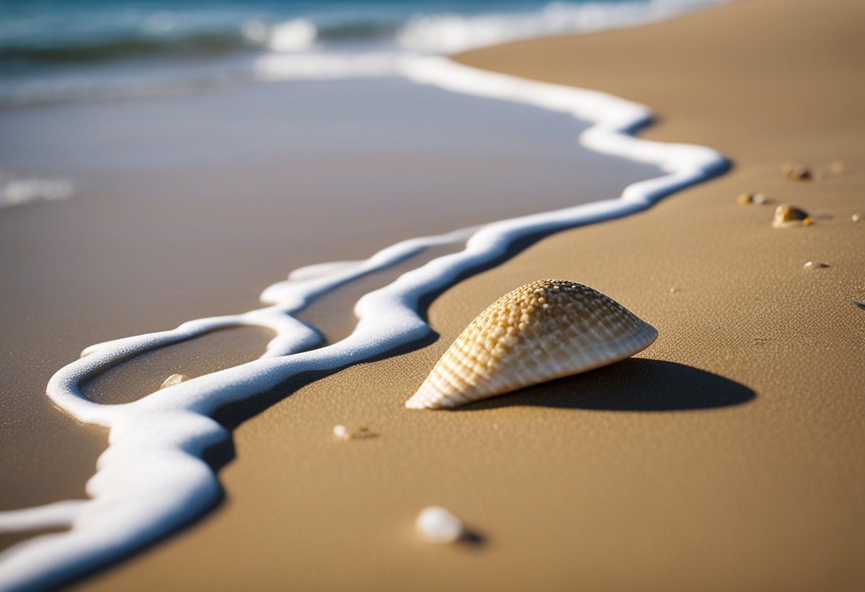 Golden sand stretches along the coastline, scattered with colorful shells and sea treasures. Waves gently lap at the shore, creating a peaceful and serene atmosphere