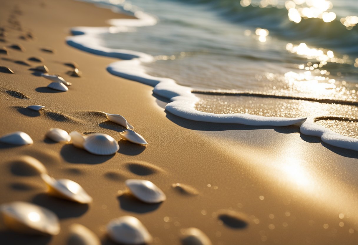 Golden sand stretches along the shoreline, scattered with an array of seashells. Waves gently lap at the beach, while seagulls soar overhead