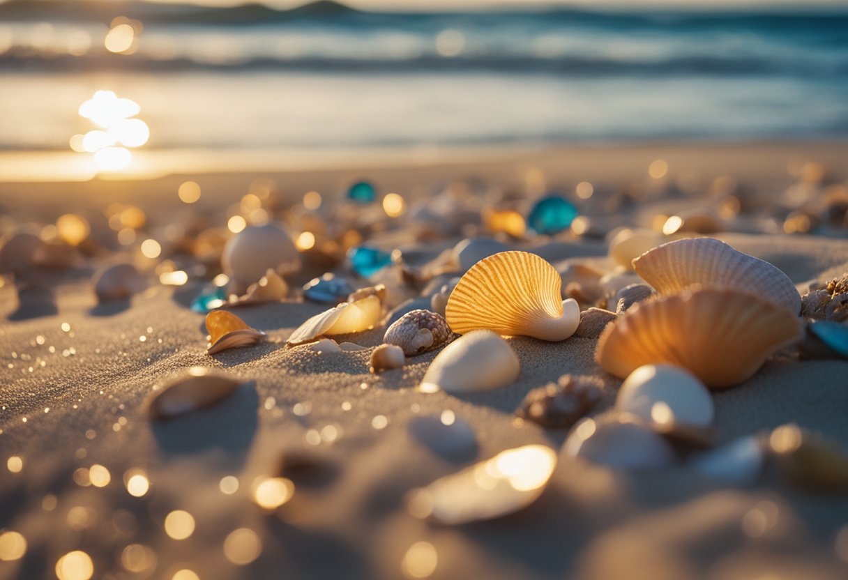 The sun sets over a vast expanse of sandy beach, with scattered shells glinting in the fading light. Waves gently lap at the shore, leaving behind a treasure trove of unique and colorful shells