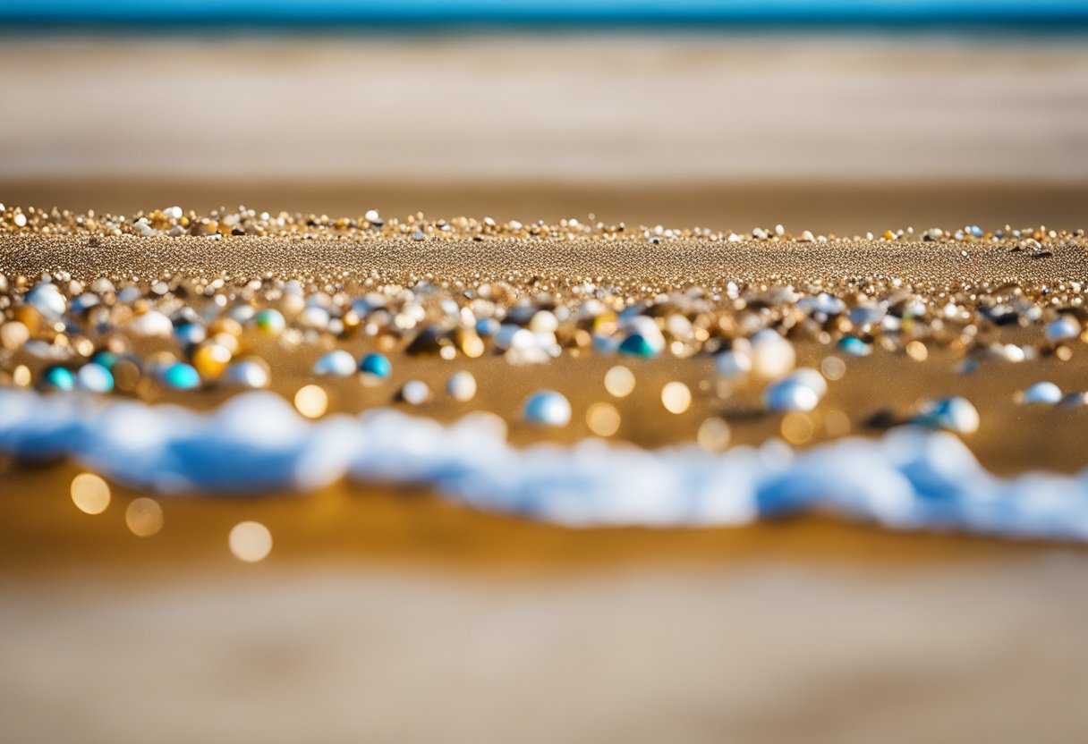 Golden sand stretches along the coast, scattered with colorful shells and surrounded by clear blue waters under a sunny sky