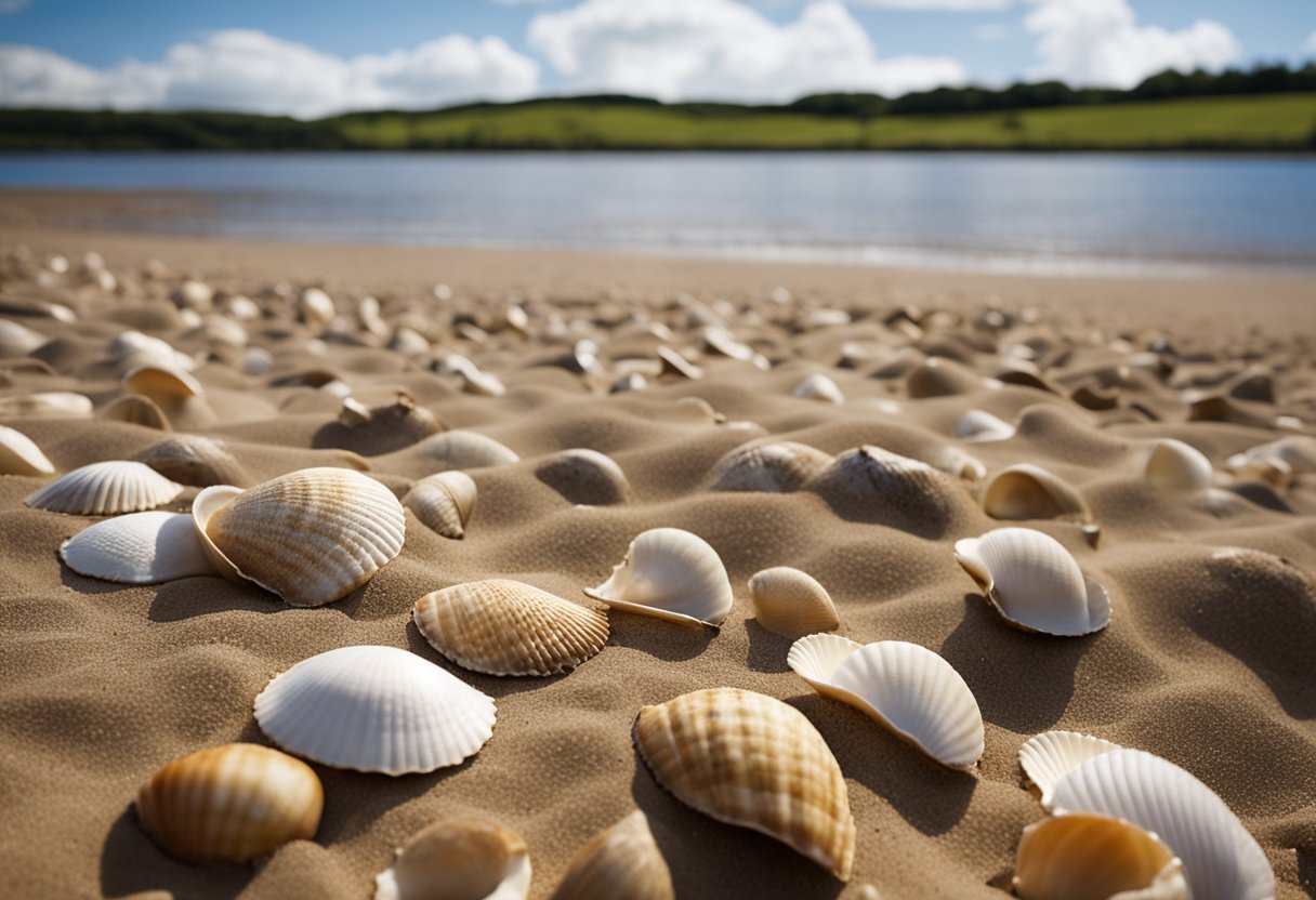 Sandy beach at Brockholes Reserve, UK. Shells scattered on shore, waves gently rolling in. Blue sky with fluffy white clouds