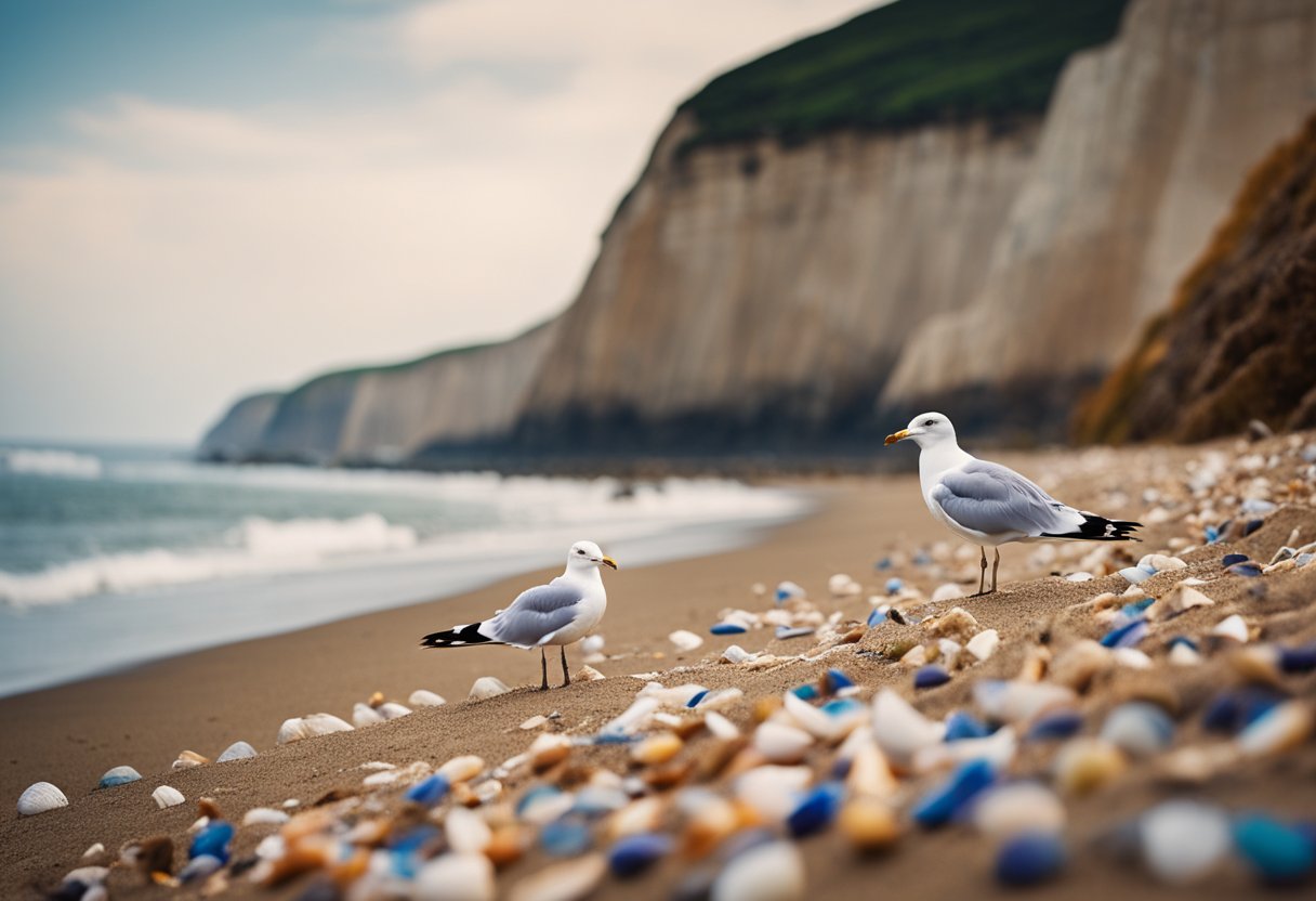 Seagulls soar over sandy shores, waves gently lapping at colorful shells scattered along the coastline, with rugged cliffs in the distance