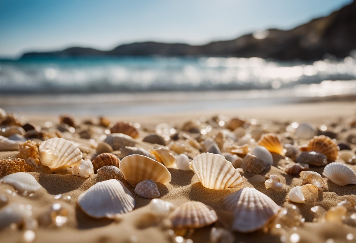 Golden sand stretches along the coastline, dotted with colorful seashells. Crystal clear water laps at the shore, framed by rugged cliffs