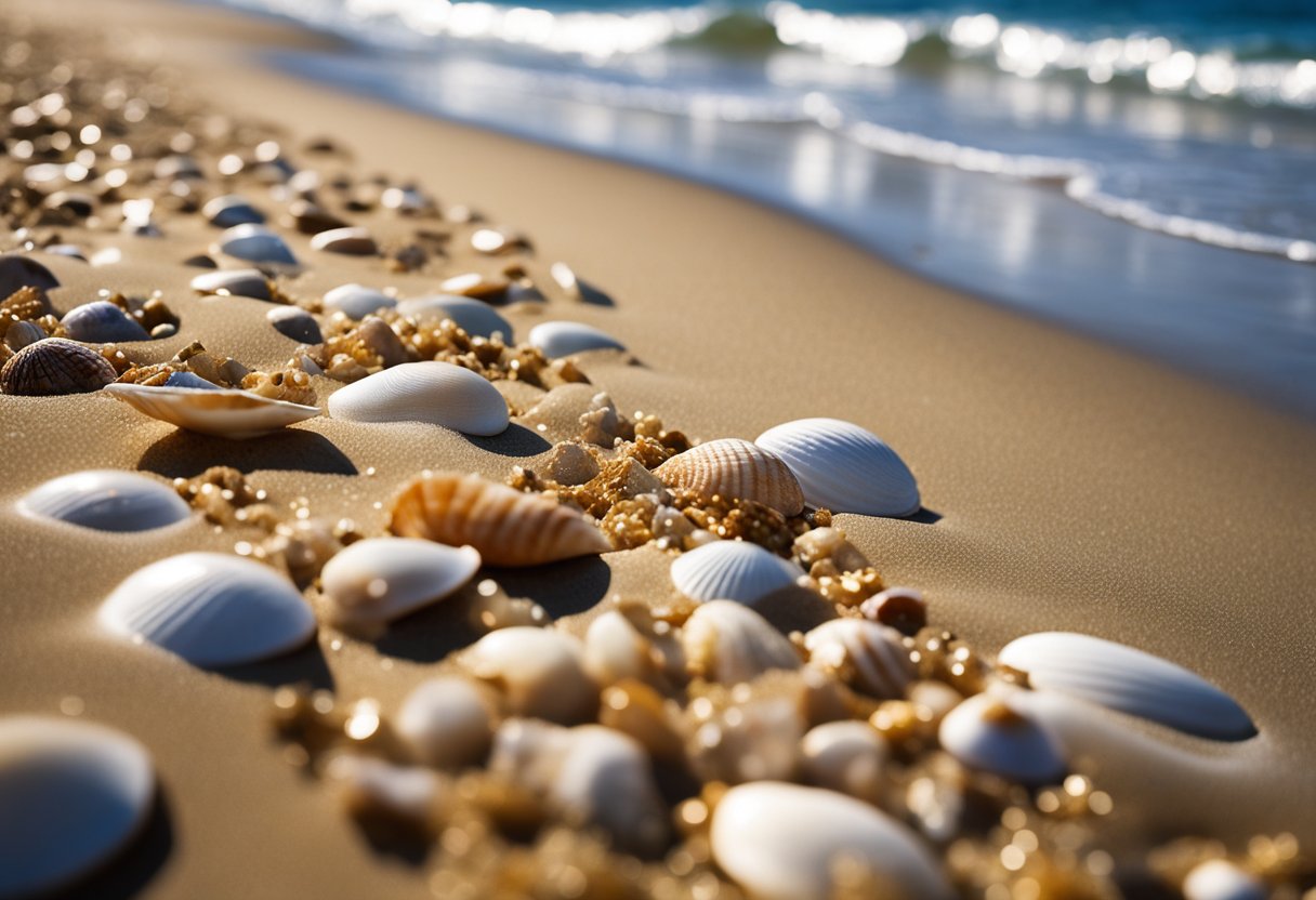 Golden sand stretches along the shore, scattered with an array of colorful seashells. Waves gently lap at the beach, creating a serene and picturesque scene