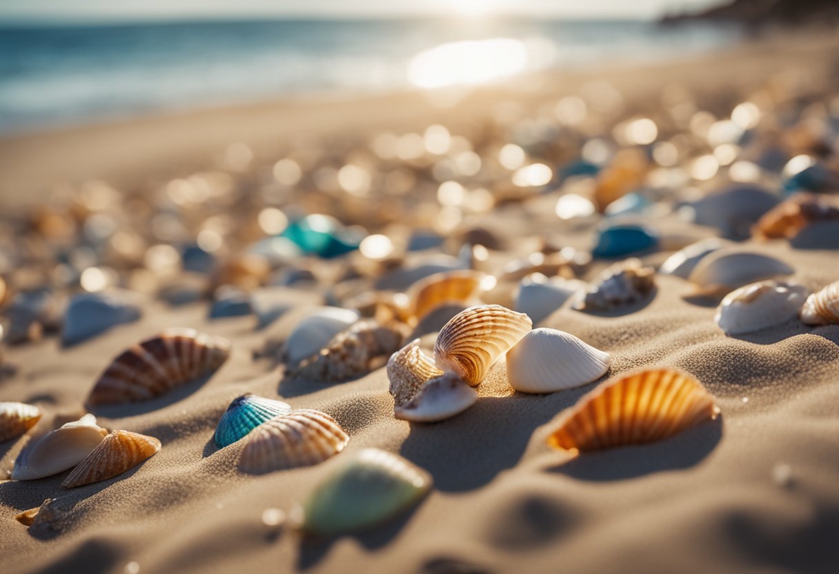 A collection of colorful shells scattered along the sandy shore, with waves gently washing over them. Seagulls can be seen in the distance, soaring above the beach