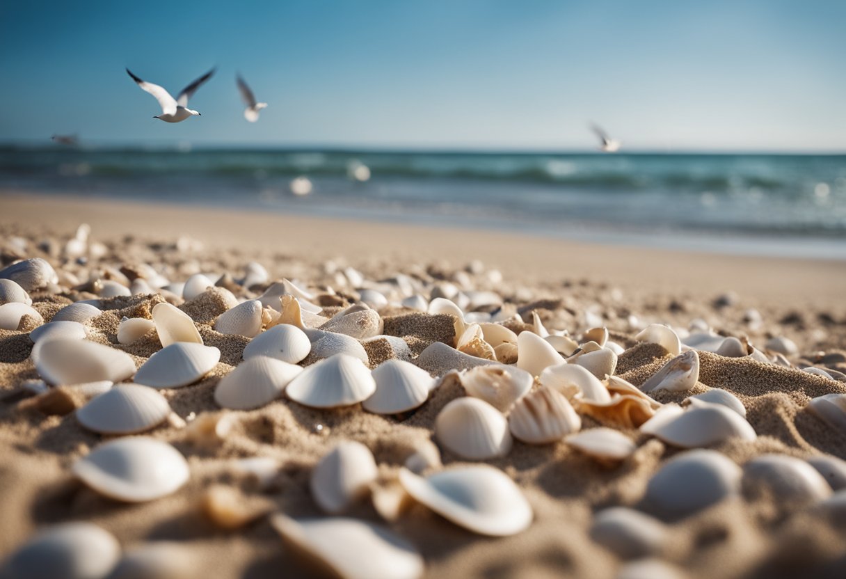 Sandy beach with scattered shells, waves gently rolling in, seagulls flying overhead, and a clear blue sky in the background