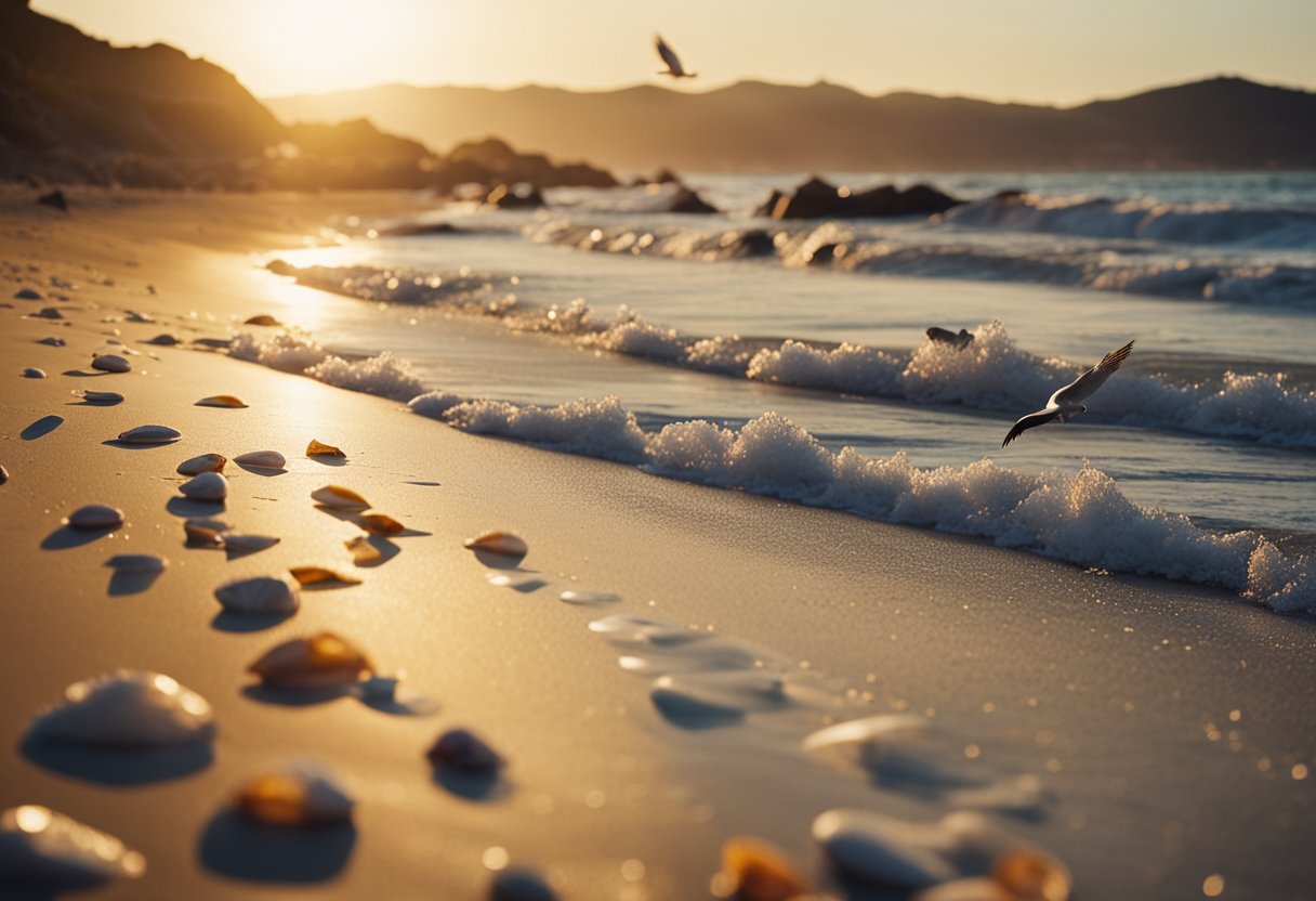 Gentle waves wash up on sandy shore, revealing colorful shells scattered along the beach. Seagulls soar overhead as the sun sets behind a rocky coastline