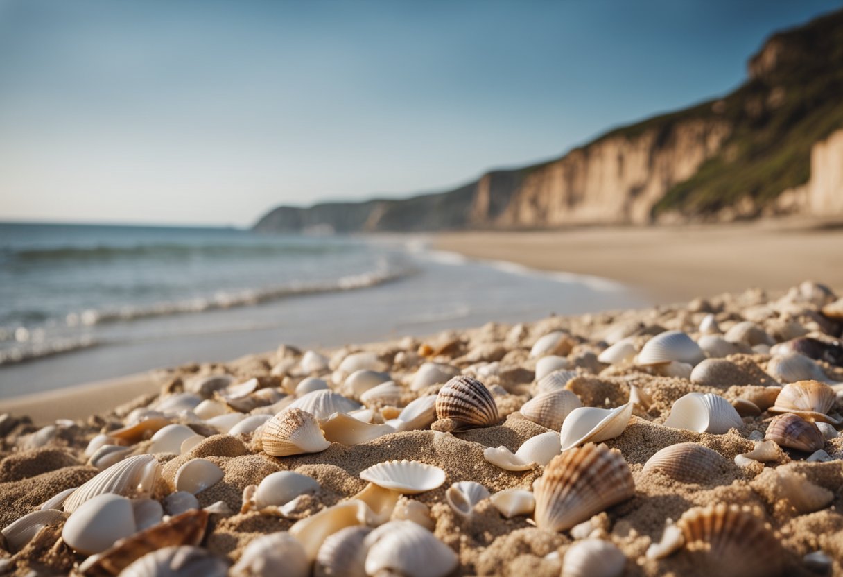 A sandy beach with various shells scattered across the shore, waves gently washing up and receding, with cliffs and seagulls in the background