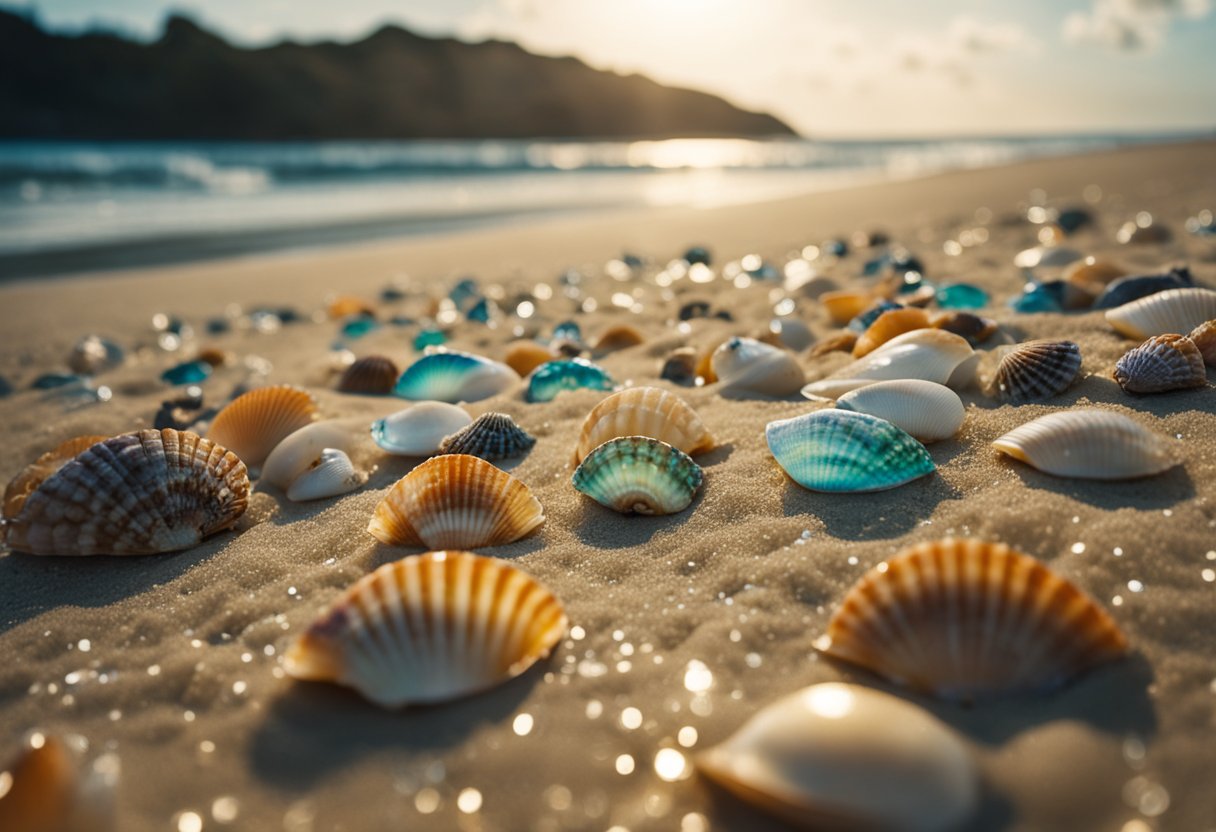 Glistening shells scattered on sandy shores, waves gently lapping, and a colorful array of marine life visible in the clear waters