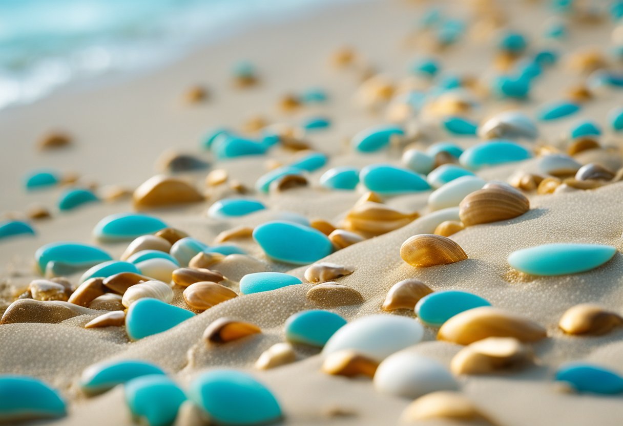 Golden sand stretches along clear turquoise waters, scattered with colorful shells at Whitehaven Beach, QLD