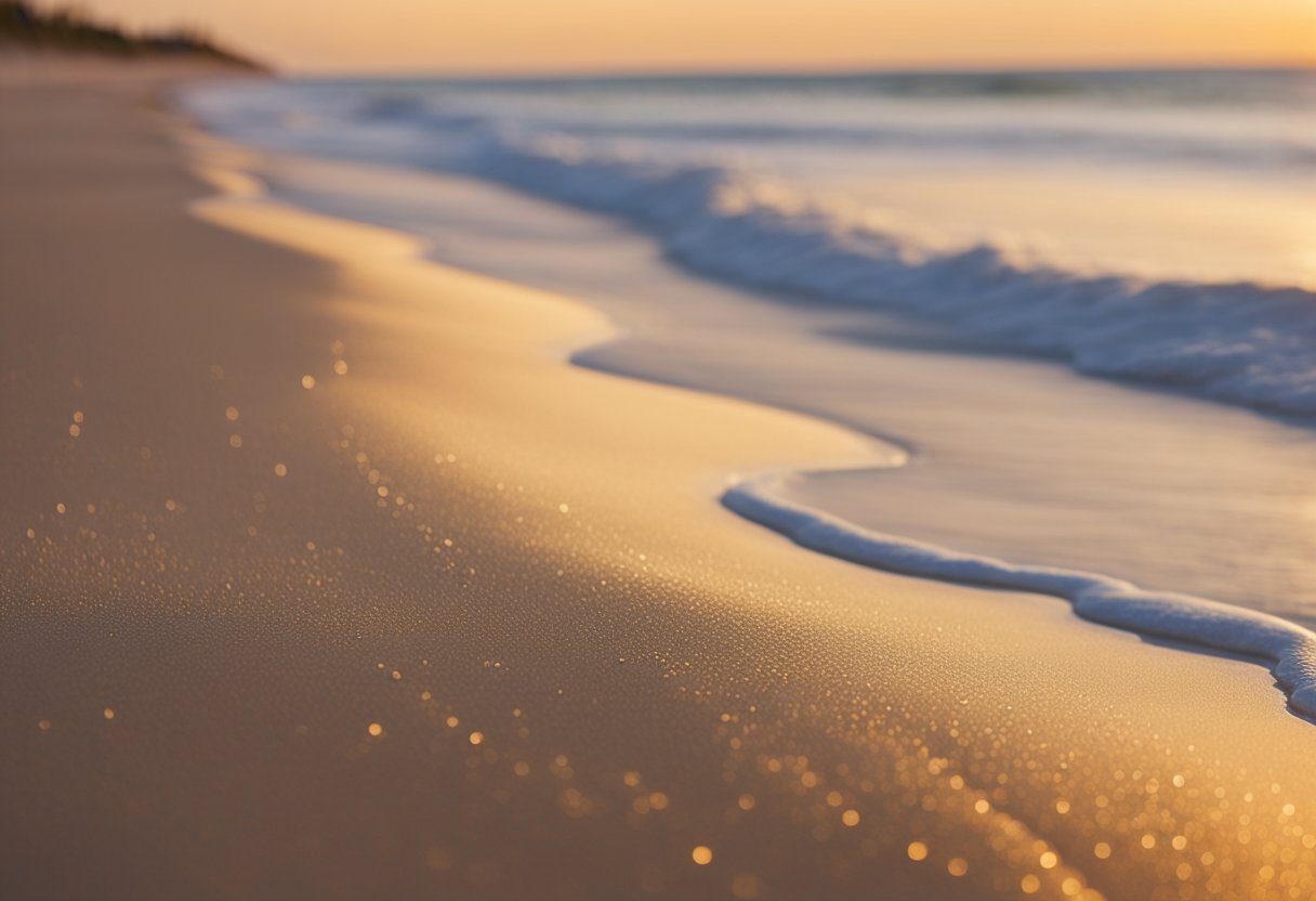 Golden sand stretches along Cable Beach, with waves gently washing up shells. The sun sets, casting a warm glow on the beach