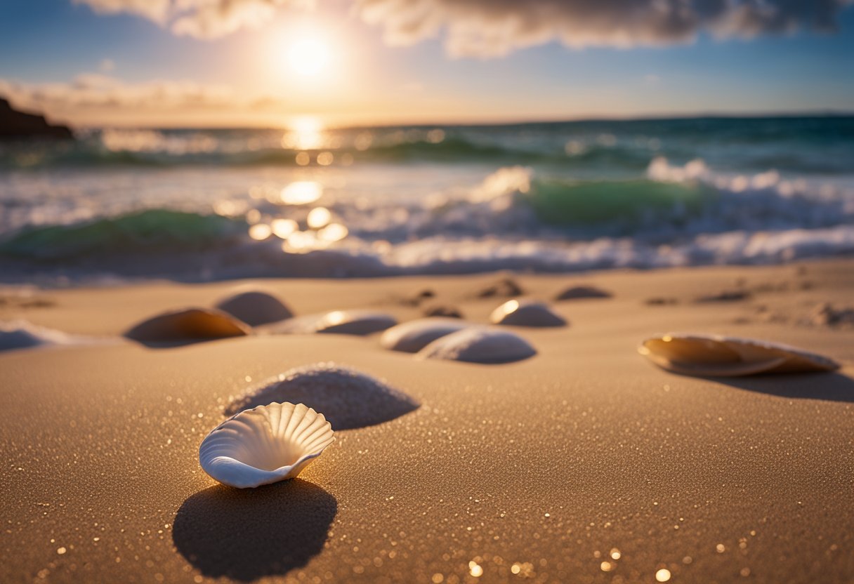 Sunset at Bondi Beach, waves gently lapping the shore, seashells scattered across the sand, with a backdrop of colorful sky