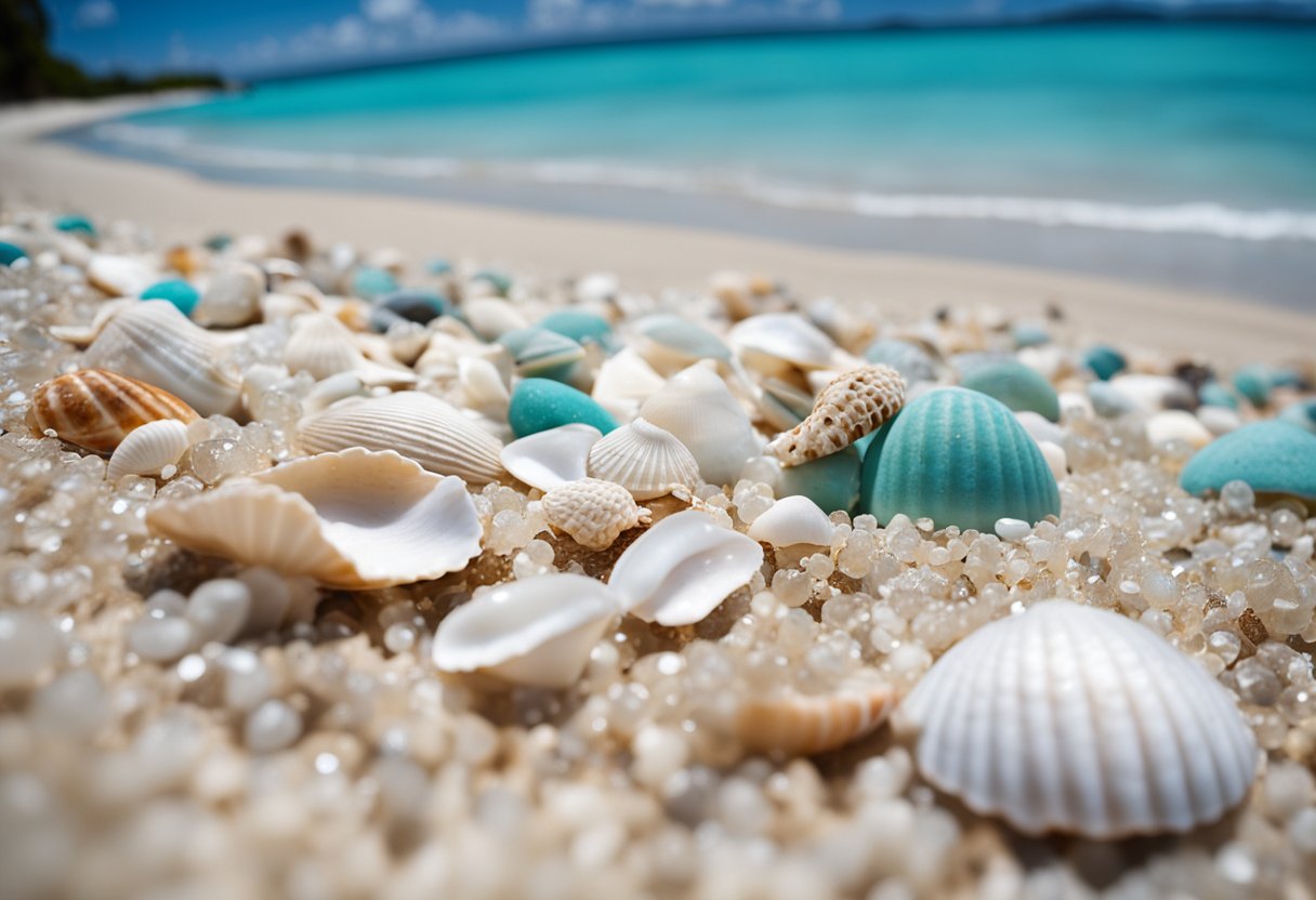 Turquoise Bay, WA: white sandy beach, crystal clear waters, abundant seashells scattered along the shoreline