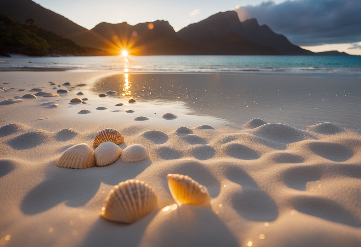 The sun sets over Wineglass Bay, casting a golden glow on the pristine white sand. Seashells glisten in the soft light, scattered along the shore. Waves gently lap at the beach, creating a serene and tranquil scene