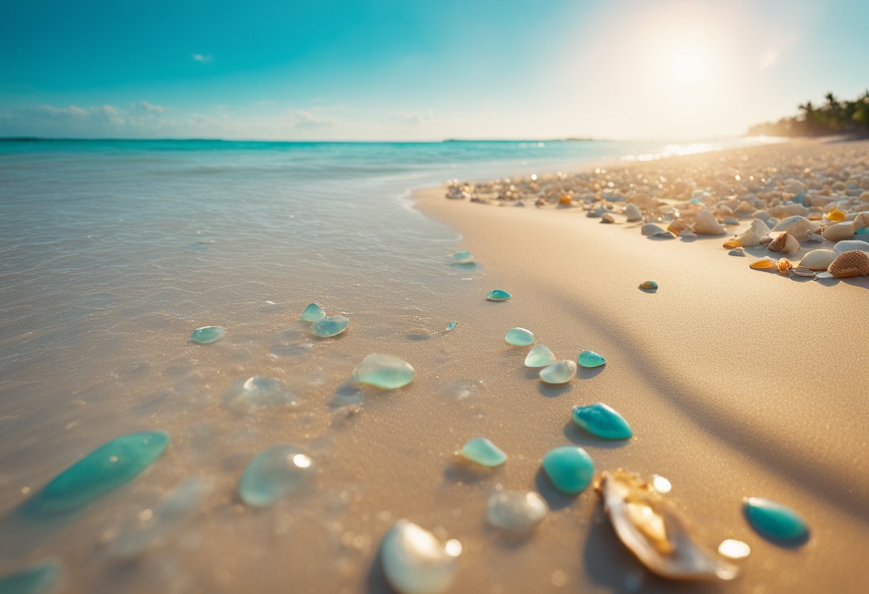 Golden sand stretches along the shore, scattered with colorful shells and coral fragments. Crystal-clear turquoise waters gently lap at the beach, creating a serene and picturesque scene