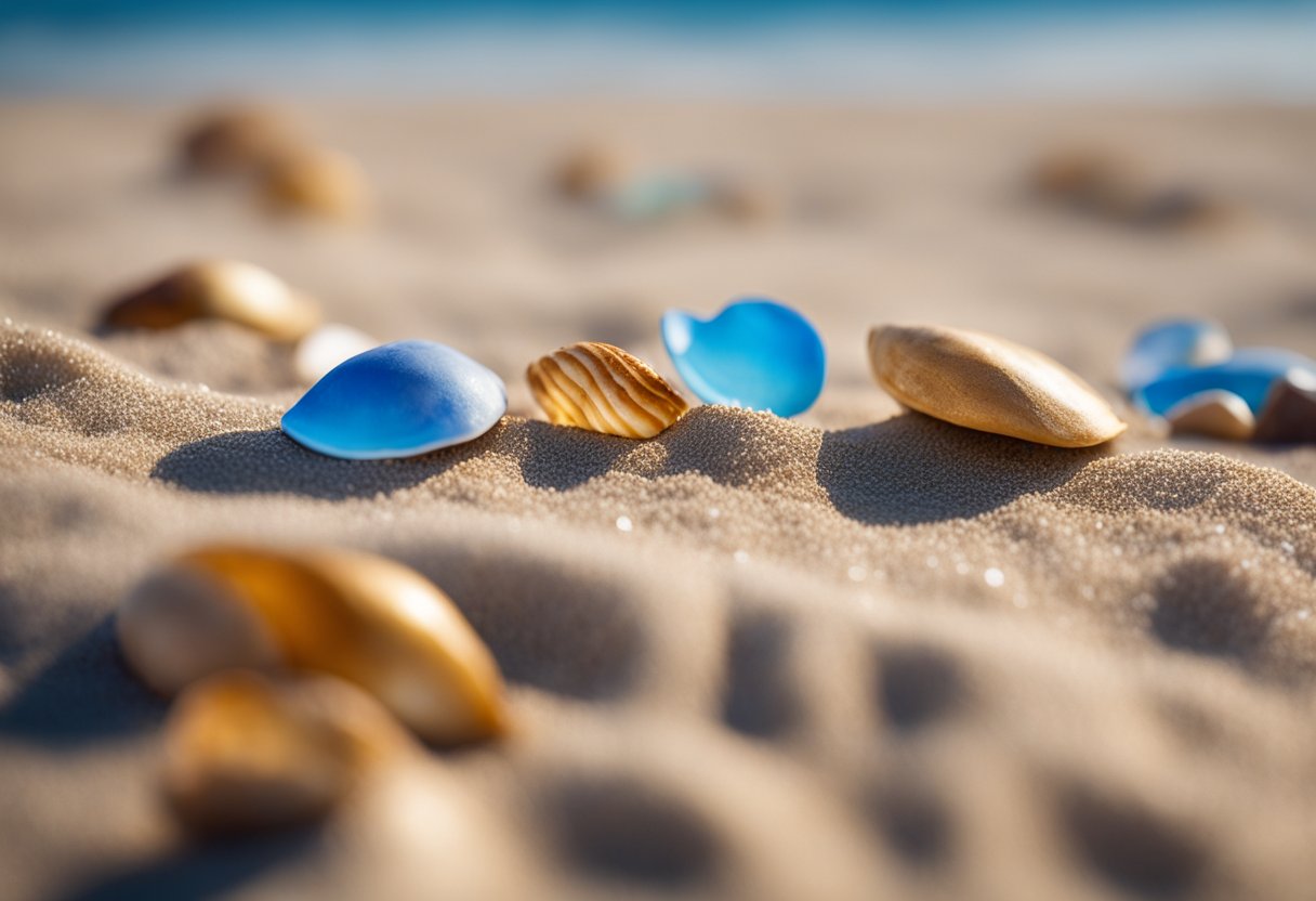 Golden sand stretches along the shore, scattered with colorful shells and driftwood. The clear blue waves gently lap at the beach, creating a serene and picturesque scene