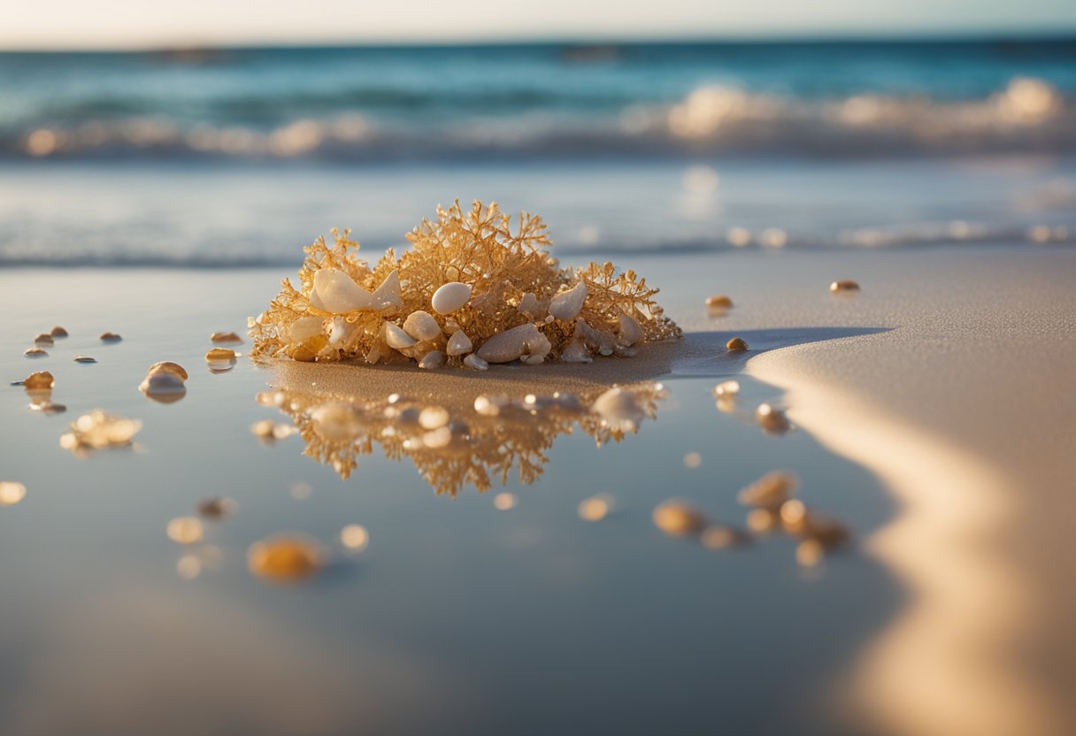 Golden sand stretches along the shore, scattered with colorful shells and coral fragments. Crystal-clear water laps at the edge, reflecting the clear blue sky above