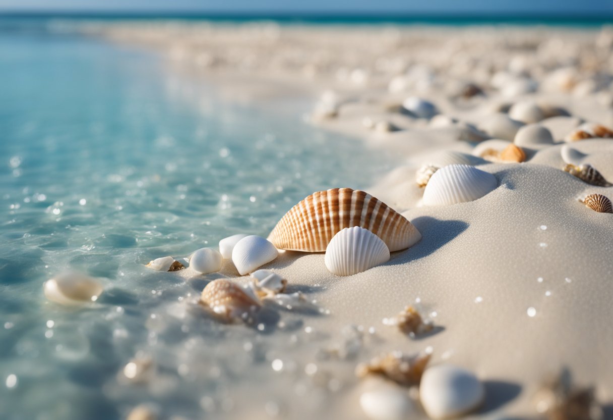 Glistening white sand stretches along the shore, dotted with colorful seashells and fragments of coral. Crystal clear waters gently lap at the beach, reflecting the bright blue sky above