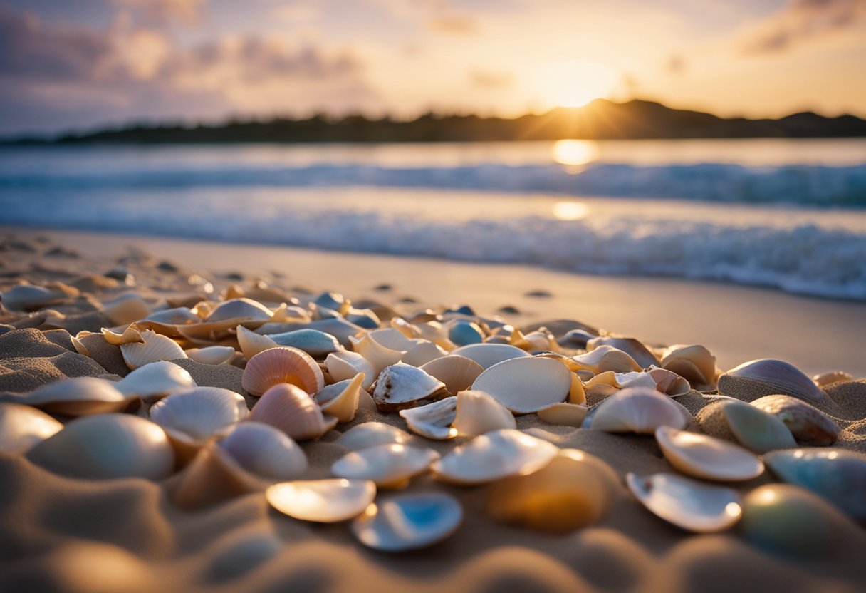 Gentle waves wash up colorful shells on the sandy shore of 75 Mile Beach, QLD. The sun sets, casting a warm glow over the horizon, creating a serene and picturesque scene for shelling enthusiasts