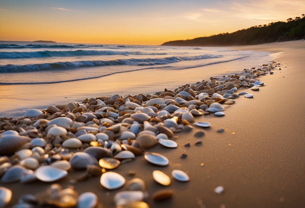 Sunset light bathes the sandy shore of Noosa Main Beach, with scattered seashells glistening in the golden glow. Waves gently lap at the coastline, creating a serene and picturesque scene for shelling enthusiasts