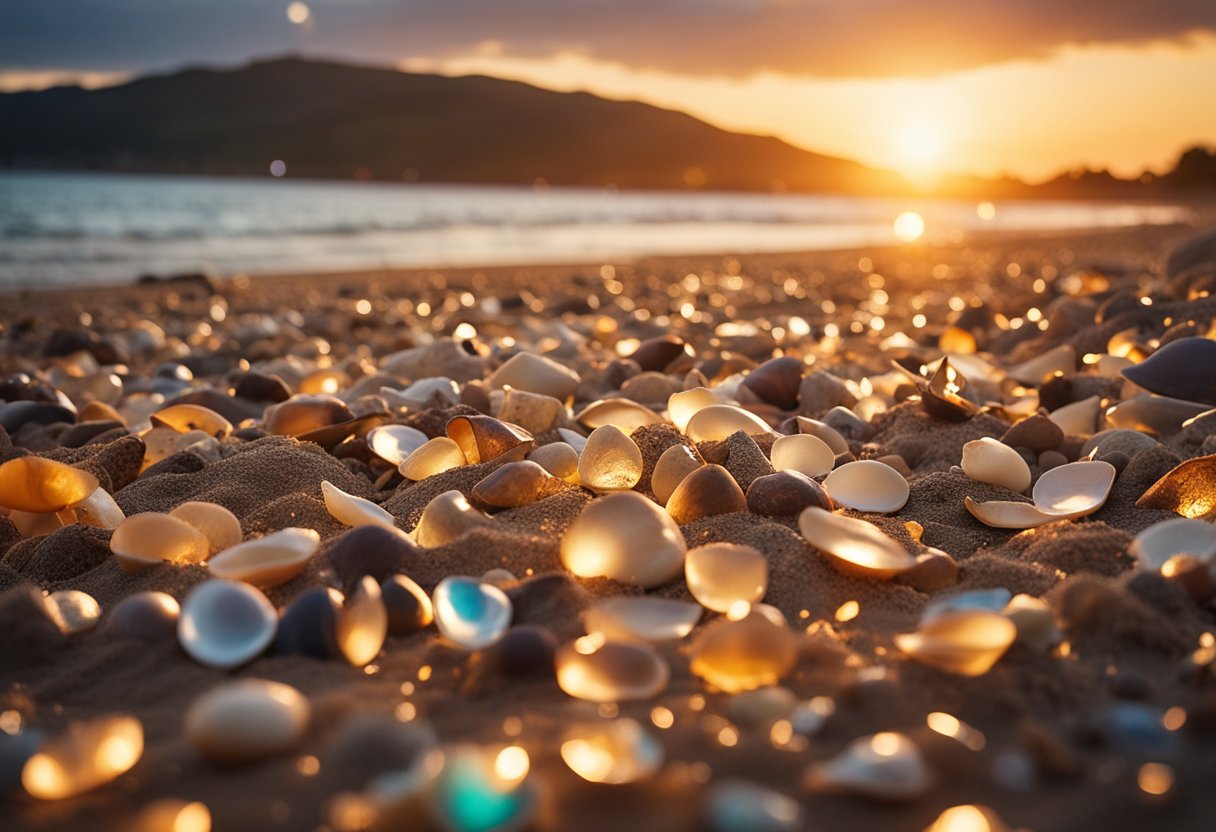 The sun sets over Mindil Beach, casting a warm glow on the sandy shore littered with colorful shells, creating a picturesque scene for shelling enthusiasts