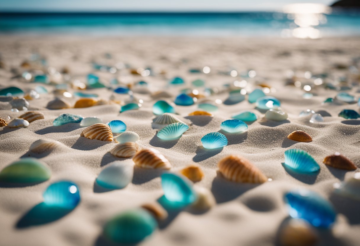 Crystal clear waters lap gently against the pristine sandy shores of Rottnest Island, revealing an array of colorful shells scattered along the beach, ready to be collected and admired