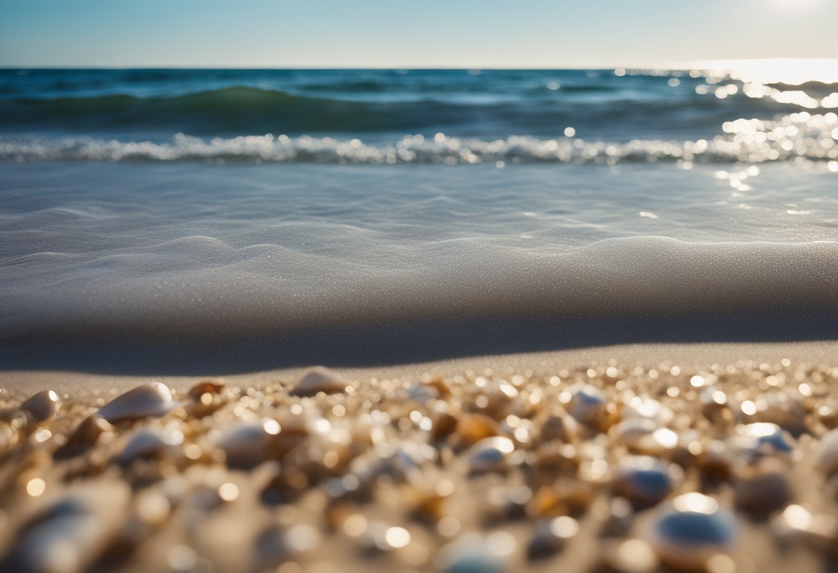 Gentle waves lapping at the shore, golden sand dotted with colorful shells, and a clear blue sky stretching out to the horizon