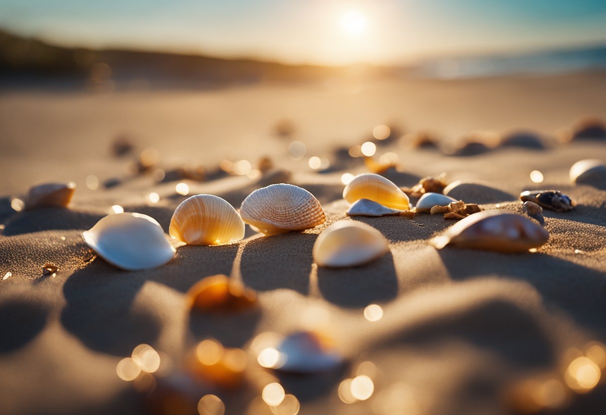 Gentle waves roll onto a sandy shore, scattered with colorful shells and driftwood. The sun sets, casting a warm glow over the beach, as seagulls soar overhead