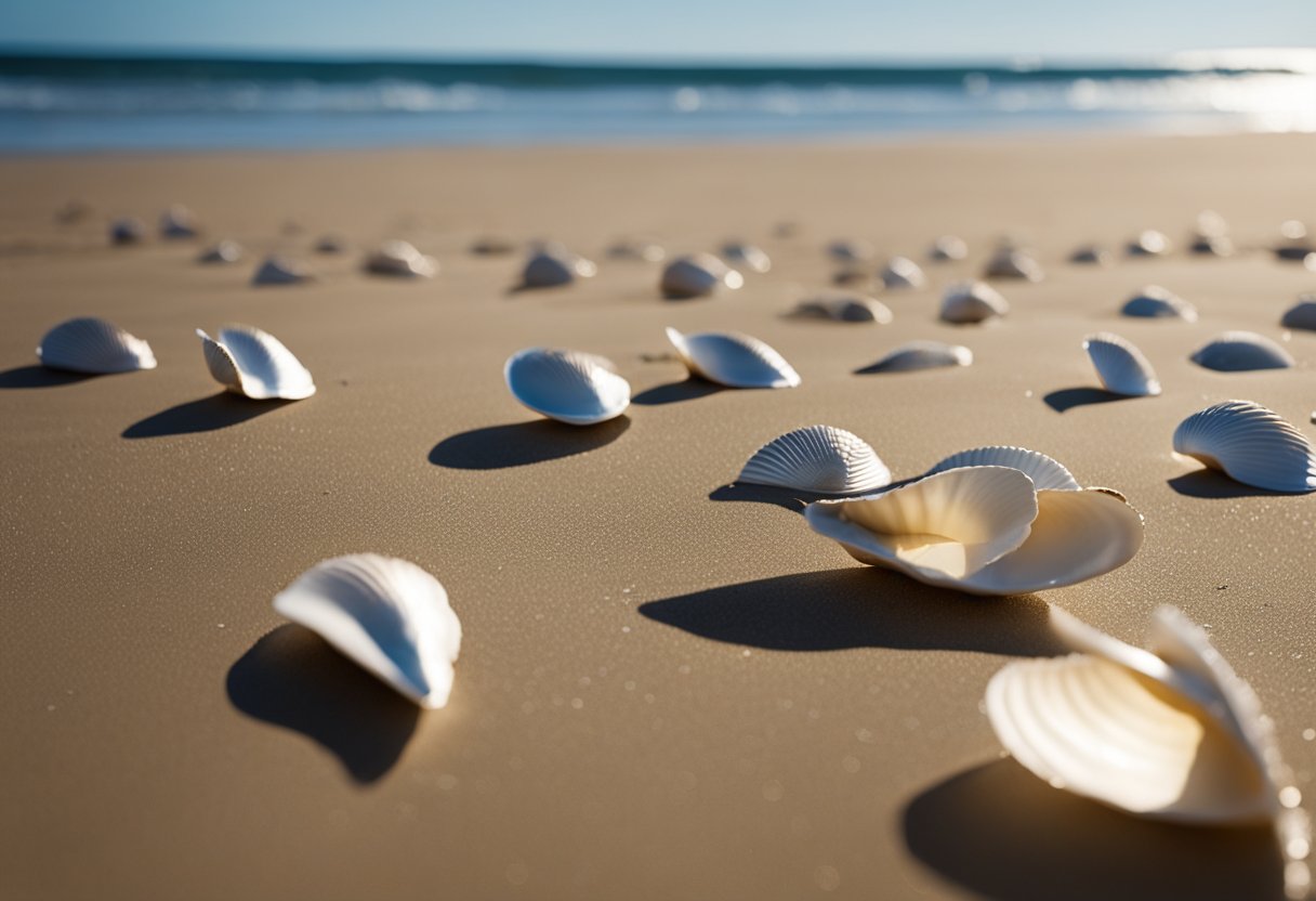 Glistening shells cover the sandy shore of Ninety Mile Beach, with waves gently lapping at the coastline. Seagulls soar overhead, while the distant horizon meets the clear blue sky