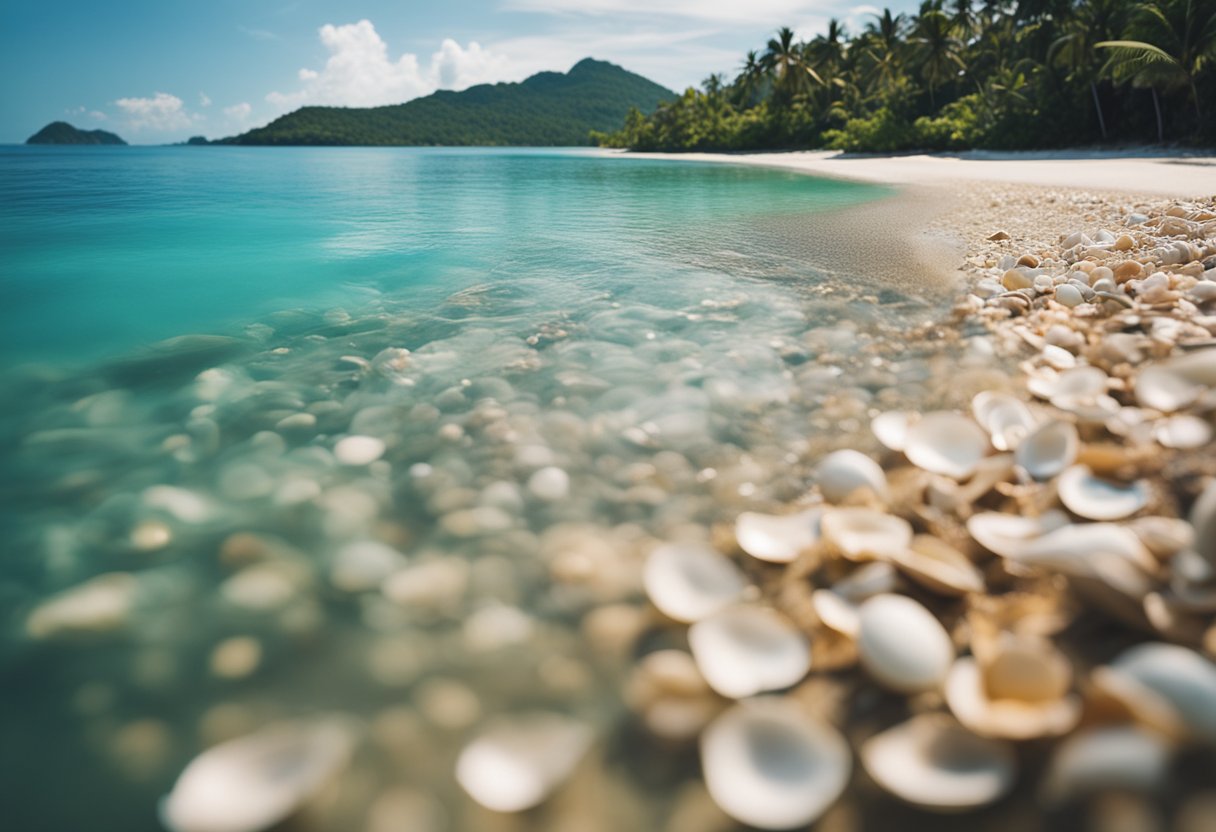 Sandy beach with scattered shells, turquoise waters, lush greenery, and distant islands under a clear blue sky