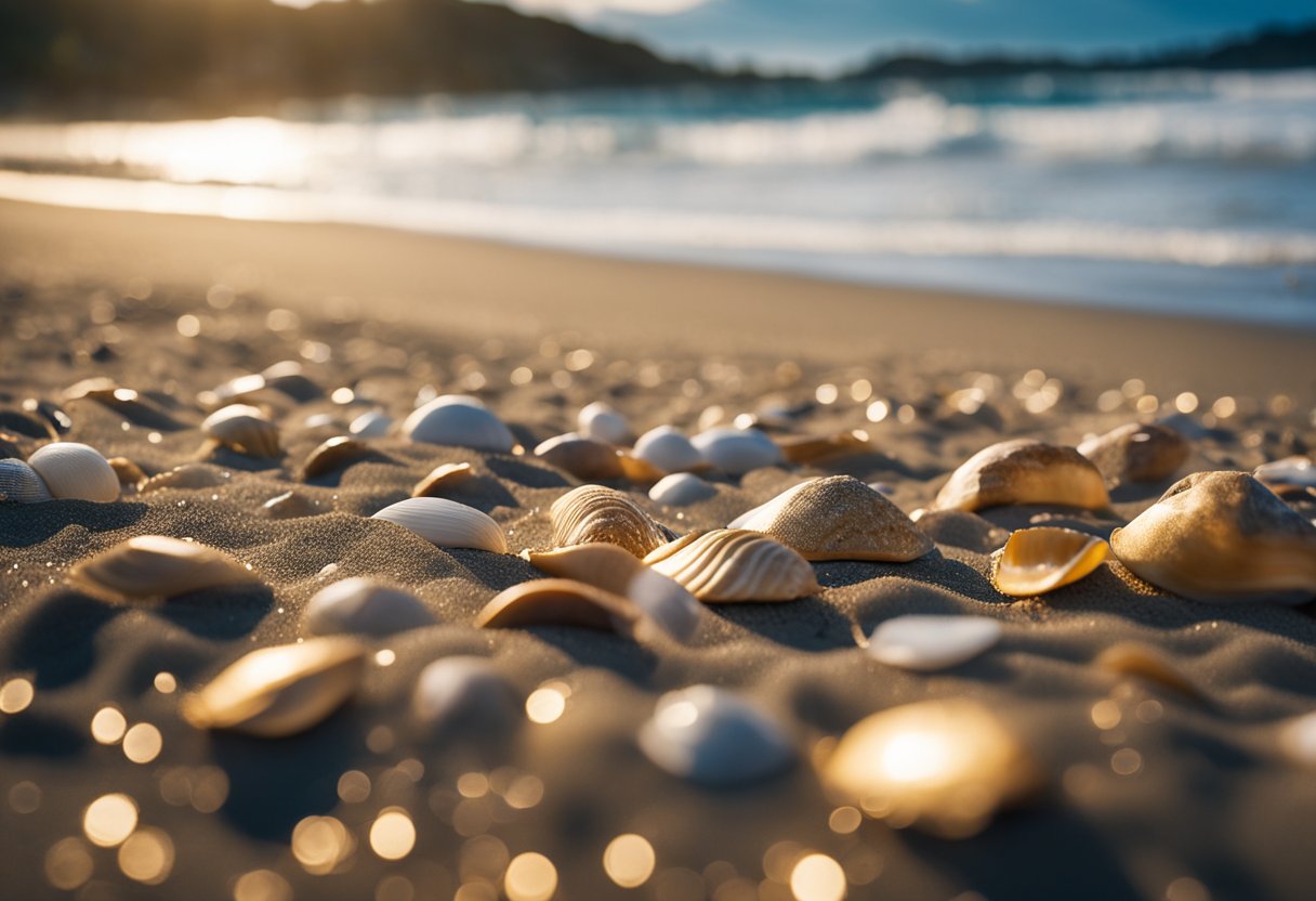 Golden sand stretches along Whangamata Beach, dotted with colorful shells and driftwood. Waves crash against the shore, creating a serene and picturesque scene for shelling