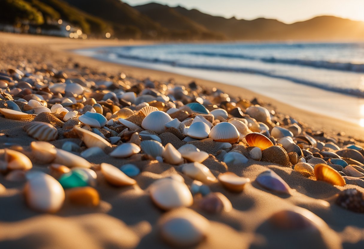 The sun sets over Mount Maunganui Beach, waves gently lapping the shore, revealing a treasure trove of colorful shells scattered across the golden sand