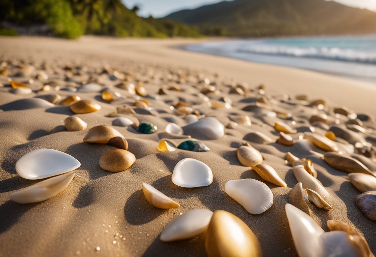 Golden sand stretches along the shoreline, scattered with colorful shells and driftwood. Crystal clear waves gently lap at the beach, with a backdrop of lush greenery and distant mountains