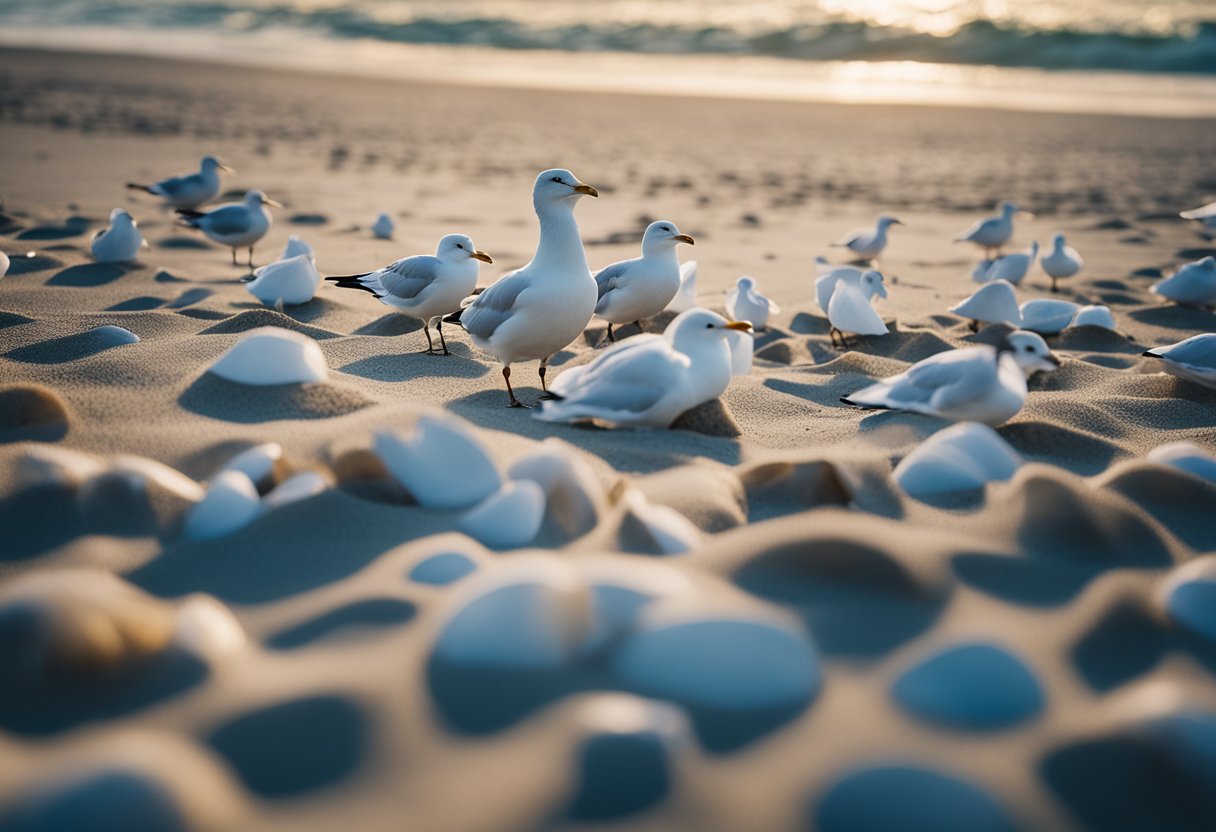 A sandy beach with scattered shells, waves gently lapping the shore. A clear blue sky with a few fluffy white clouds. Seagulls flying overhead