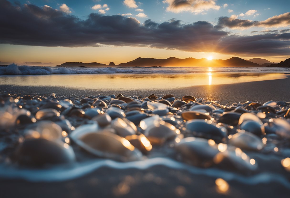 Gentle waves wash over a sandy shore, revealing colorful shells and marine life. The sun sets, casting a warm glow over Hot Water Beach in New Zealand