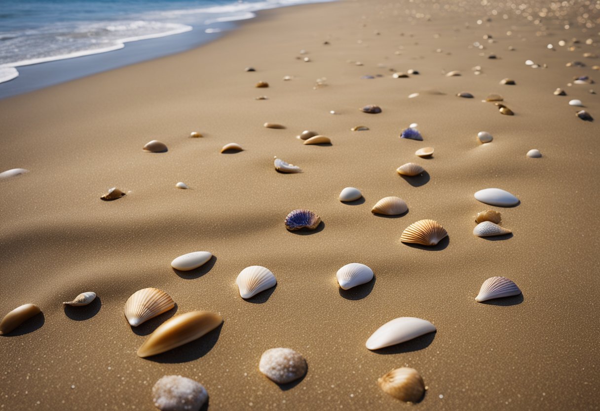 Golden sand stretches along the shore, scattered with colorful shells and driftwood. Waves crash against the rugged coastline, creating a serene and picturesque scene