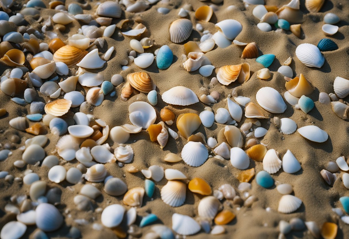 Gentle waves wash up colorful shells onto the golden sand of Punakaiki Beach, with distant cliffs and lush greenery in the background