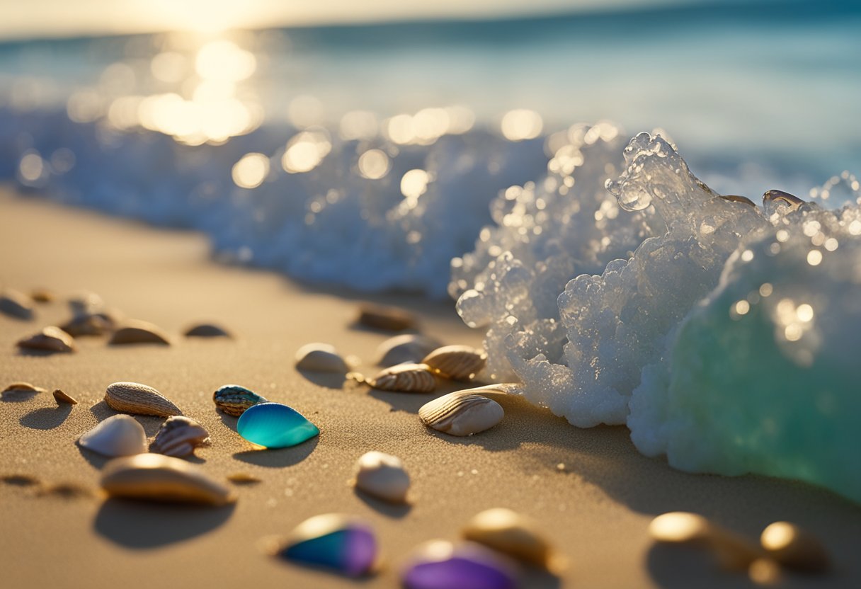 Golden sand stretches along the shore, scattered with colorful shells and driftwood. Waves crash gently, as seagulls soar overhead