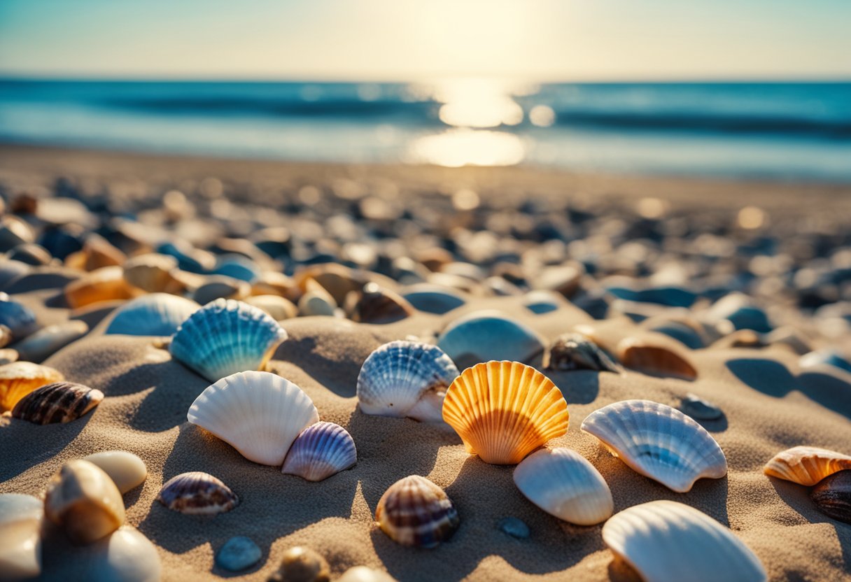 Colorful shells scattered on sandy beach, waves gently washing ashore. Rocky cliffs in background, clear blue sky above